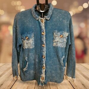 ZENANA Blue Acid Wash Shirt Jacket Distressed Boho‎ Grunge Women's Size L
